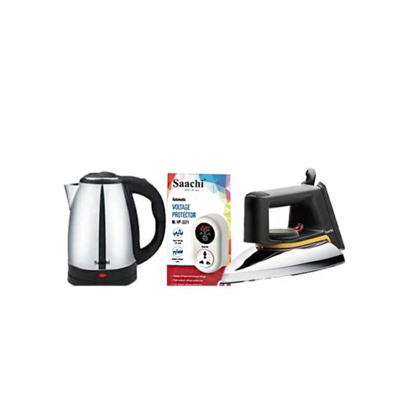 Saachi Non Stick Dry Flat Iron+Original 2L Stainless Electric Kettle+ 15 Amps TV Guard / Fridge Guard / Power Guard.